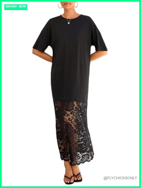 Dresses & Skirts - Women Short Sleeve Lace Patchwork Crew Neck Maxi Dress Summer Trendy